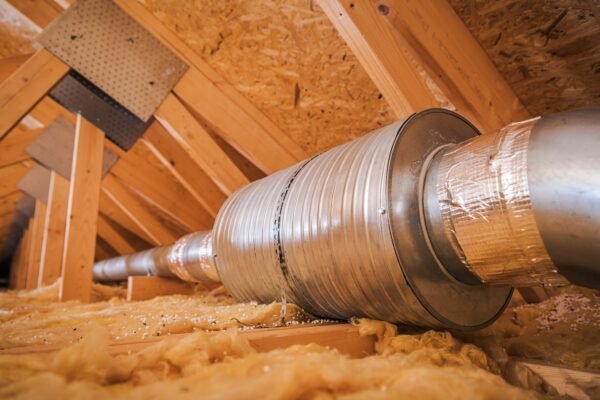 Air Ventilation Filtering and Circulation. Wooden House Attic Ventilation System Closeup. Air Quality Concept.